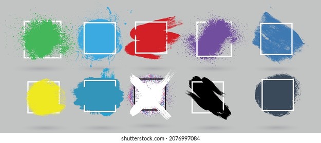 Paint compositions, grunge with frame, texting boxes. Dirty design elements, quote box speech template. Black splashes isolated on white background. Vector street art template set