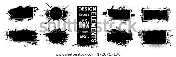 Paint\
compositions, grunge with frame, texting boxes. Dirty design\
elements, quote box speech template. Black splashes isolated on\
white background. Vector street art template\
set