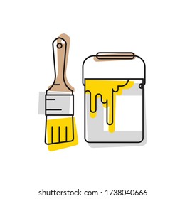Paint container and brush. Paint can and paintbrush icon. Isolated on white background. Vector illustration.