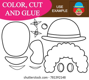 Paint, cut and glue to create the image of head of clown. Educational game for children. Vector illustration.