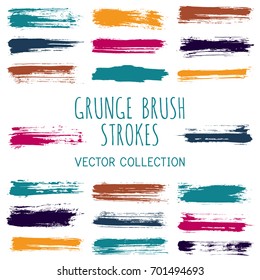 Paint dabs, brushstroke elements set, ink or watercolor stripes. Grunge painted brush stroke stripes and lines vector collection - pink, blue, brown and yellow paint on white background. Ink strokes.