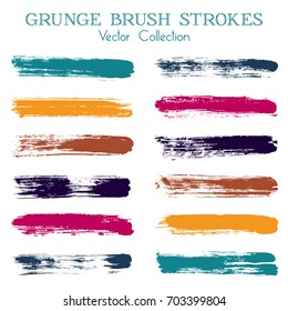 Paint dabs, brushstroke elements set, ink or watercolor stripes. Grunge painted brush stroke stripes and lines vector collection - pink, blue, brown and yellow paint on white background. Ink strokes.