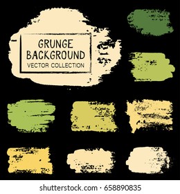 Paint dabs on black, hand drawn brush stroke backgrounds set. Vintage design elements vector collection. Ink stains, gouache, watercolor or acrylic paint texture. Retro brushstroke splash collection.