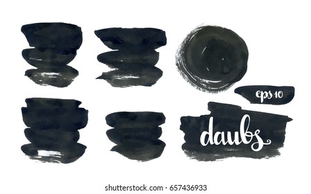 Paint  daubs, black watercolor. Vector grunge texture scribbles, abstract dash lines or brushstrokes dabs, ink smear smudges. 