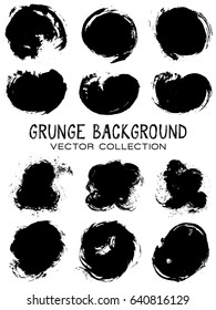 Paint daubs, hand drawn brush stroke backgrounds set. Twelve vintage design elements vector collection. Black dye, paint stain, hipster dab, ink splash or acrylic smudge texture pack. Banner backdrop.