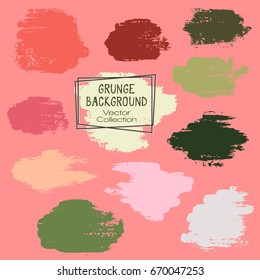 Paint daubs, hand drawn brush stroke backgrounds set - red, green, pink. Vintage design elements vector collection. Splash, stain, dab, ink, gouache or acrylic paint texture.
