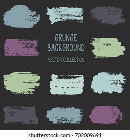 Paint daubs, hand drawn brush stroke backgrounds set. Vintage blue and violet color design elements vector collection. Paint splash, stain, dab, gouache, ink or acrylic background texture.
