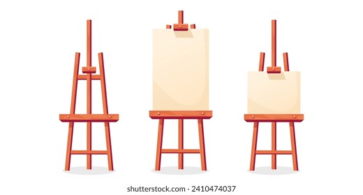 Juego de vectores de Escritorio de pintura. Asa de caricatura aislada sobre fondo blanco con lienzo vacío. Anguilas marrones de madera con tablas de diferentes formas para burlarse, icono, libro, etc. Ilustración vectorial de estilo plano