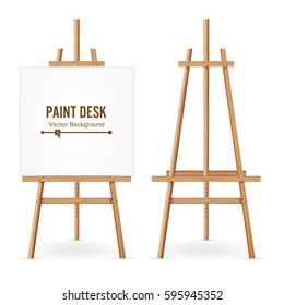 Paint Desk Vector. Wooden Easel With Empty White Paper. Isolated On White Background.  