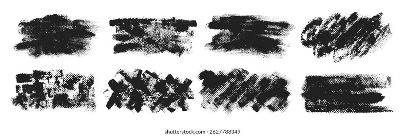 Paint distress brush strokes dirty grunge vector illustration set. Splash and grunge paint brush strokes smears and texture abstract dirty lines collection. Various shapes dotted texture ink grain set