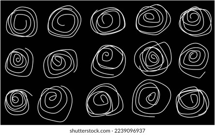 paint drawing circle set of black and white smear. hand drawn abstract illustration grunge elements. vector abstract object.  for design. Black background