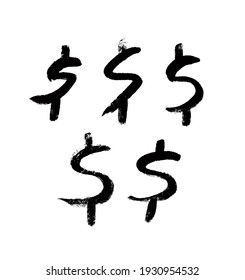 Paint drawing set of black Dollar symbol on white background. Hand drawn abstract illustration grunge elements. Vector abstract objects for design