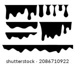 Paint drip borders and ink drops set vector illustration. Black liquid flow and melt with splatters, splashes of blobs and drips for label and sticker, abstract splat stencil isolated on white