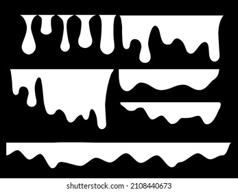 Paint drip borders and ink drops set vector illustration. White liquid flow and melt with splatters, splashes of blobs and drips for label and sticker, abstract splat stencil isolated on black
