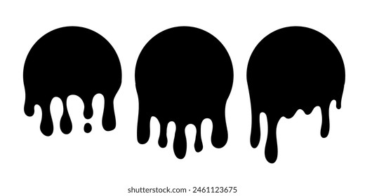 Pinta etiquetas de círculo de goteo. Líquido de pintura negra. Conjunto de gota de tinta. Tinta negra.