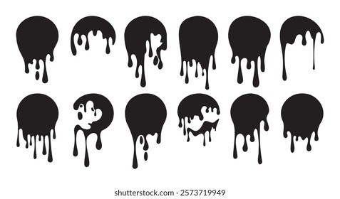 Paint drip circle labels. Black paint liquid ink drop set isolated vector illustration