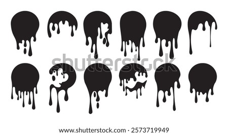 Paint drip circle labels. Black paint liquid ink drop set isolated vector illustration