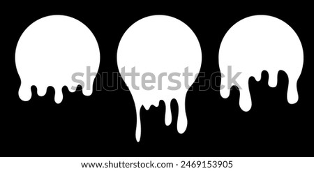Paint drip circle labels. White paint liquid. Ink drop set. White inkblot.