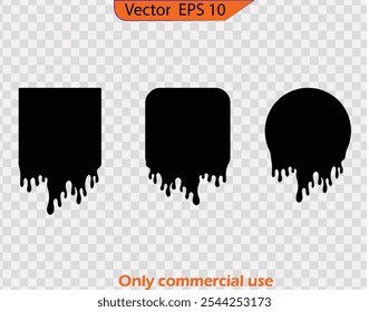 Conjunto de iconos de goteo de pintura. Salpicaduras de tinta negra y gota cuadrada, las gotas de líquido se derriten y fluyen con salpicaduras, pegatinas de Formas con gotitas de líquido. Color y tamaño fácil de editar. Mi mano pintada.