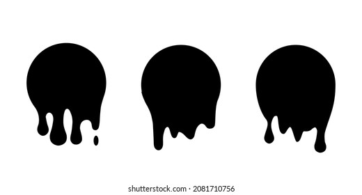 Paint drip icons set vector illustration. Splash of black ink circle drop, liquid blobs melt and flow with splatters, simple stickers of round shape with fluid droplets on wall isolated on white