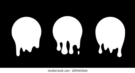 Paint drip icons set vector illustration. Splash of white ink circle drop, liquid blobs melt and flow with splatters, simple stickers of round shape with fluid droplets on wall isolated on black