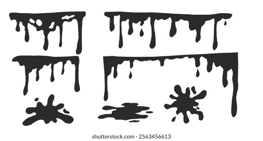Paint drip splatter, liquid stain fluid ink droplet. Graffiti splash black melt. Paint flows, melt spray border. 