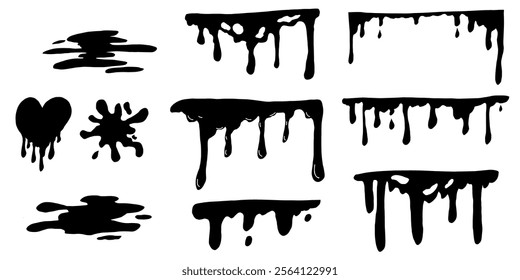Paint drip splatter, liquid stain fluid ink droplet. Graffiti splash black melt. Paint flows, melt spray border. 