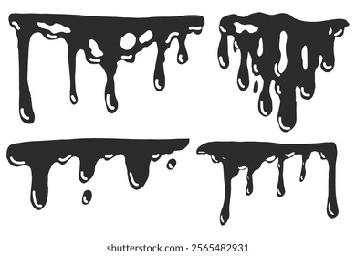 Paint drip splatter, liquid stain fluid ink droplet. Graffiti splash black melt. Paint flows, melt spray border. 