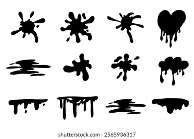 Paint drip splatter, liquid stain fluid ink droplet. Graffiti splash black melt. Paint flows, melt spray border. 