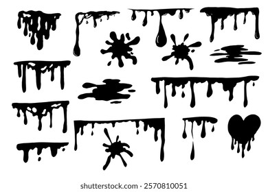 Paint drip splatter, liquid stain fluid ink droplet. Graffiti splash black melt. Paint flows, melt spray border. 