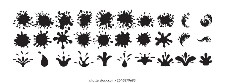 Paint drip splatter, liquid stain fluid ink droplet. Water drops and splash silhouette in simple doodle style. Victor illustration eps 10