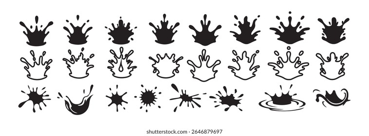 Paint drip splatter, liquid stain fluid ink droplet. Water drops and splash silhouette in simple doodle style. Victor illustration eps 10