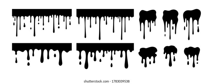 Paint dripping blob collection. Current black silhouette, ink splatter set, decorative shapes liquids glyph. Stain ink shape collection, splashes drops, cartoon spatters. Isolated vector illustration