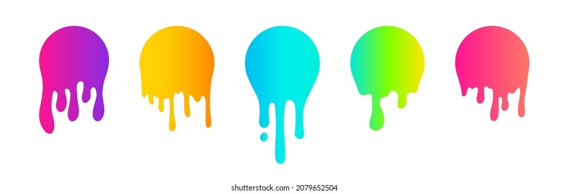 Paint Dripping circle stickers collection. Vibrant colors gradient vector current paint icons set. Liquid stains, Paint flows, abstract splatter design elements isolated on white background.