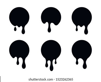 Paint dripping. Drops flowing. Current ink or liquid. Black stickers or circle labels.