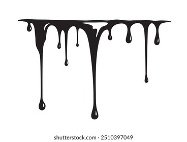 Pintura goteando con reflejos. Caídas actuales. Manchas negras sobre un fondo blanco. Ilustración vectorial.