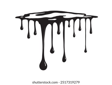 Pintura goteando con reflejos. Caídas actuales. Manchas negras sobre un fondo blanco. Ilustración vectorial.