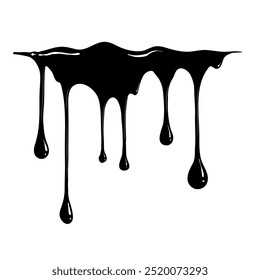 Pintura goteando con reflejos. Caídas actuales. Manchas negras sobre un fondo blanco. Ilustración vectorial.