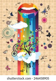 Paint dripping lips, surreal tree in clouds with butterflies, abstract background.