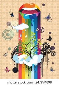 Paint dripping lips, surreal tree in clouds with butterflies, abstract background.