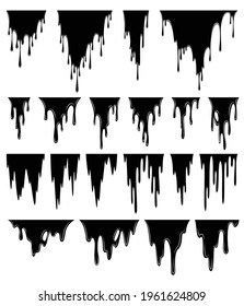 Líquido para pingar de tinta. Mancha de óleo fluindo. Conjunto de gotas pretas. Estêncil de fluxo abstrato. Ilustração vetorial sobre fundo branco