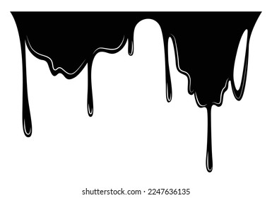 Paint dripping liquid. Flowing oil stain. Set of black drips. Abstract flow stencil, current ink streak or fluid smudge. Vector illustration on white background