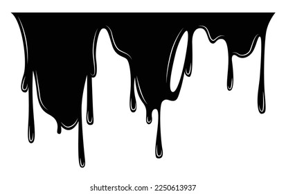 Paint dripping liquid. Flowing oil stain. Set of black drips. Abstract flow stencil, current ink streak or fluid smudge. Vector illustration on white background