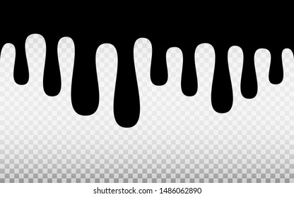 Paint dripping on transparent background. Cream template. Black liquid drops. Oil or chocolate silhouettes on white backdrop. Dripping honey. Vector illustration.