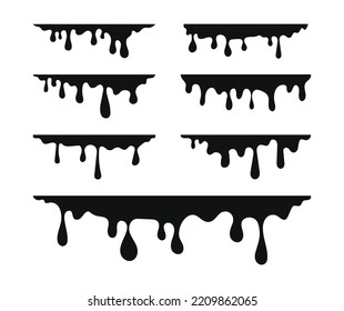Pintar conjunto de goteo. El derretimiento negro gotea. Líquido actual. Derrame líquido. Pintura flotante. El color se puede editar. Ilustración vectorial.