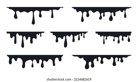 Paint Dripping Set. Schwarze Schmelze tropft. Aktuelle Flüssigkeit. Treibflüssigkeit. Blähfarbe. Die Farbe kann geändert werden. Vektorgrafik.