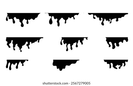 Paint dripping set. Dripping fluid. Black melt drips. Current liquid. Flowing paint. Color can be edited. Vector illustration.	
