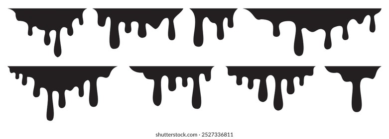 Goteos de pintura. Conjunto de iconos de goteo. Pintura negra actual. Caídas actuales. Ilustración vectorial