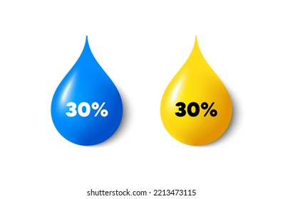 Paint drop 3d icons. 30 percent off sale tag. Discount offer price sign. Special offer symbol. Yellow oil drop, watercolor blue blob. Discount promotion. Vector