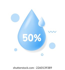 Paint drop 3d icons. 50 percent off sale tag. Discount offer price sign. Special offer symbol. Blue blob. Discount promotion. Vector